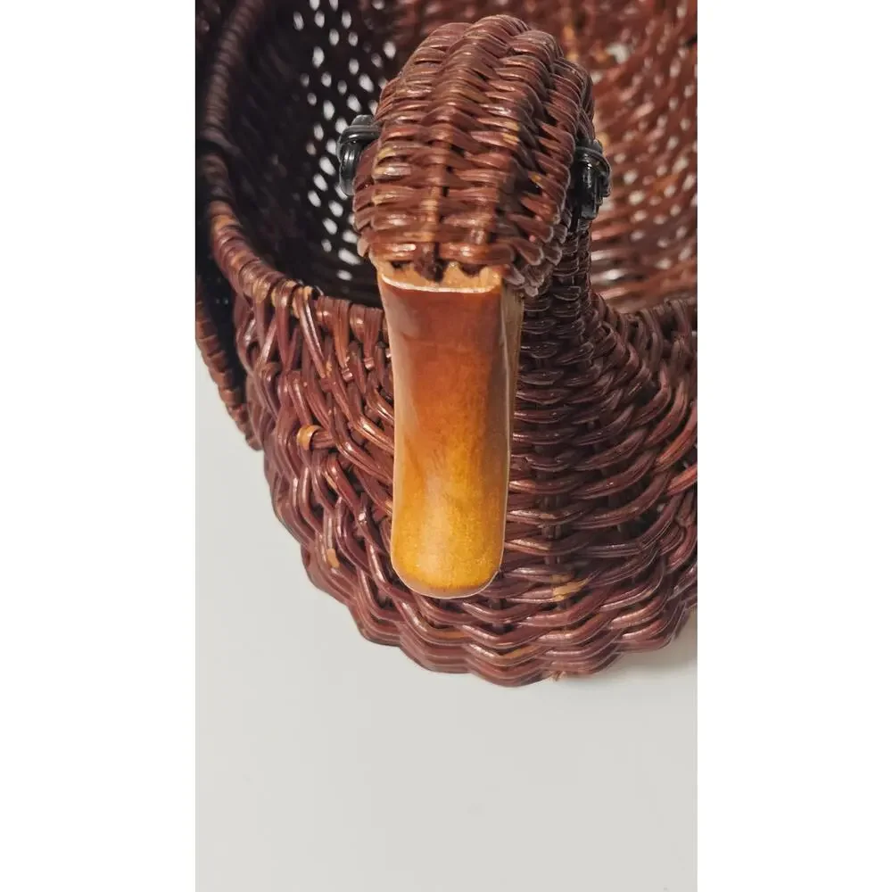 Vintage Woven Wicker Duck Basket | Wood Beak | 80s Farmhouse Cottagecore Decor